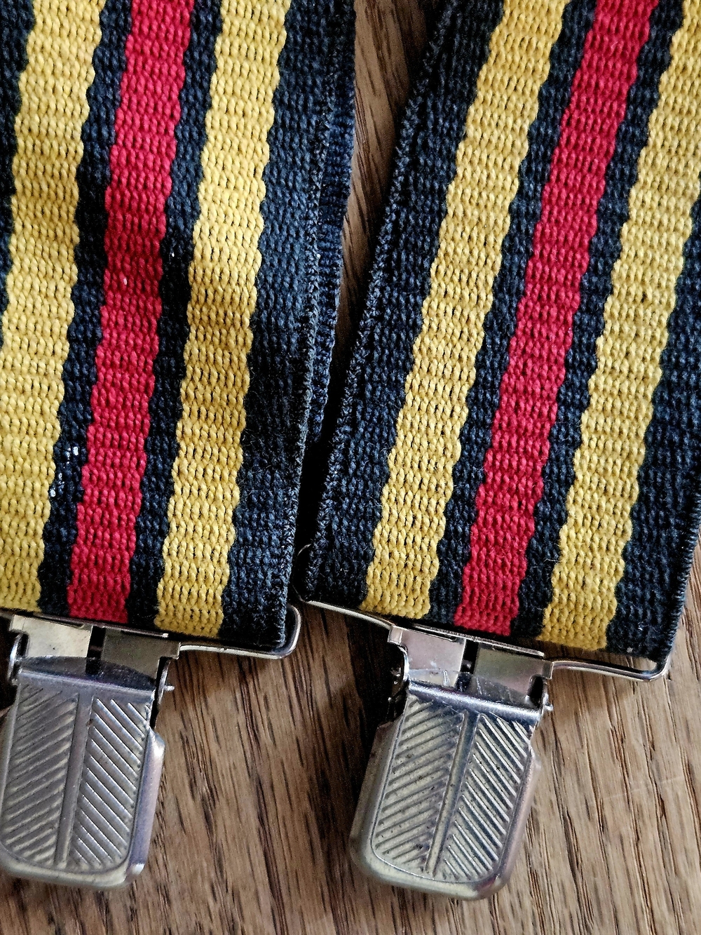 Vintage 1970s 2" Wide Striped Yellow, Black & Red Suspenders Unisex